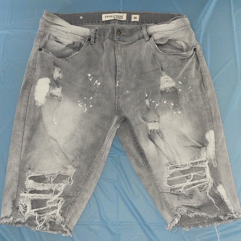 EVOLUTION by Design RIP & SLASH DENIM SHORTS distressed mens size 36 gray bleach